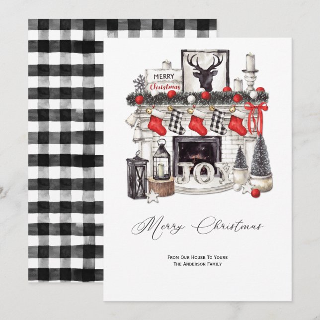 Rustic Cozy Christmas Scene Fireplace Stockings Holiday Card (Front/Back)