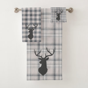 Rustic Cozy Farmhouse Plaid Buck Silhouette Bath T Bath Towel Set