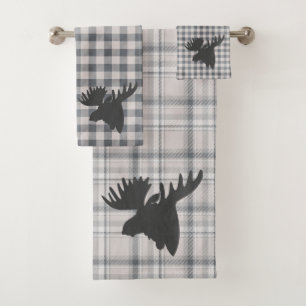 Rustic Cozy Farmhouse Plaid Moose Silhouette  Bath Bath Towel Set