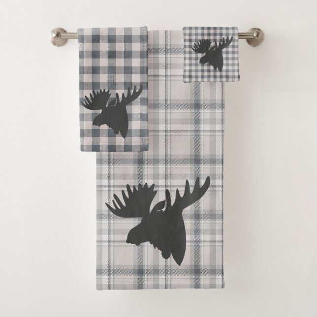 Rustic Cozy Farmhouse Plaid Moose Silhouette  Bath Bath Towel Set (Insitu)