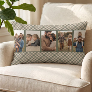 Rustic Cozy Green Buffalo Plaid Multi Photo Lumbar Pillow