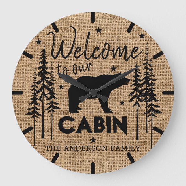 Rustic Cozy Welcome to our Cabin Family Name  Large Clock (Front)