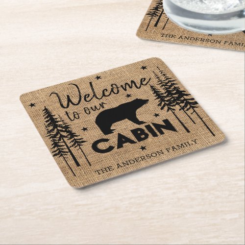 Rustic Cozy Welcome to our Cabin Family Name Square Paper Coaster