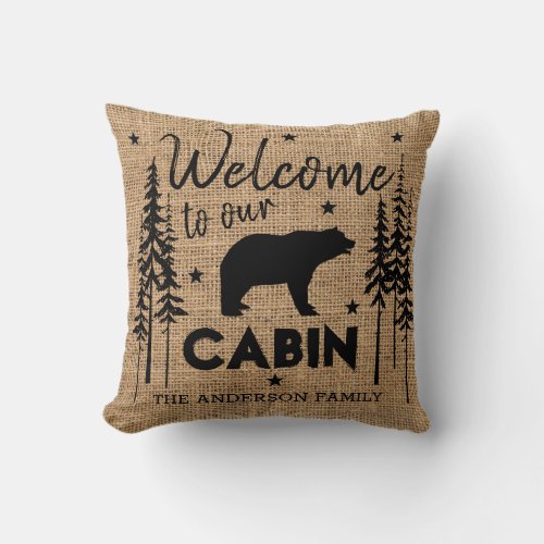 Rustic Cozy Welcome to our Cabin Family Name Throw Pillow