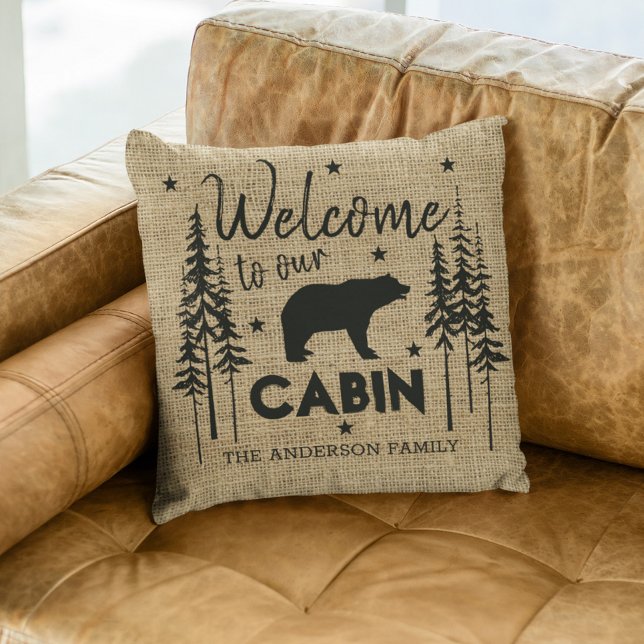 Rustic Cozy Welcome to our Cabin Family Name Throw Pillow (Creator Uploaded)