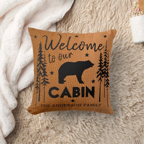 Rustic Cozy Welcome to our Cabin Faux Leather Throw Pillow