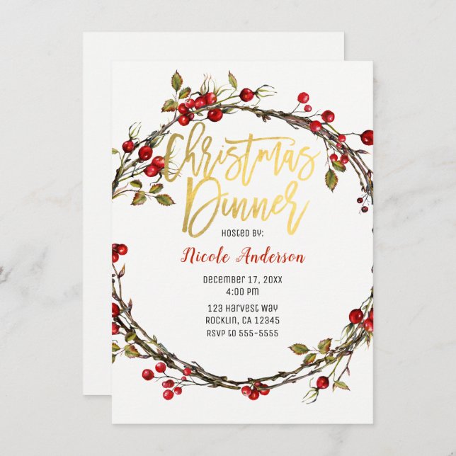 Rustic Cranberry Berries Wreath Christmas Dinner Invitation (Front/Back)
