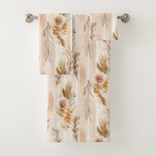 Rustic Cream Boho Floral Bath Towel Set