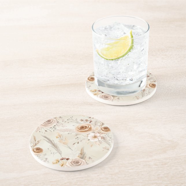 Rustic Cream Boho Flowers Coaster (Side)