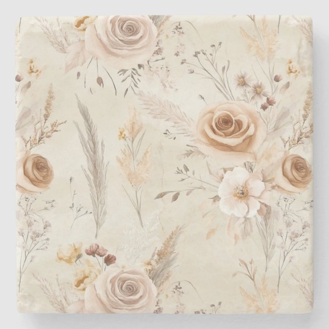 Rustic Cream Boho Flowers Stone Coaster (Front)