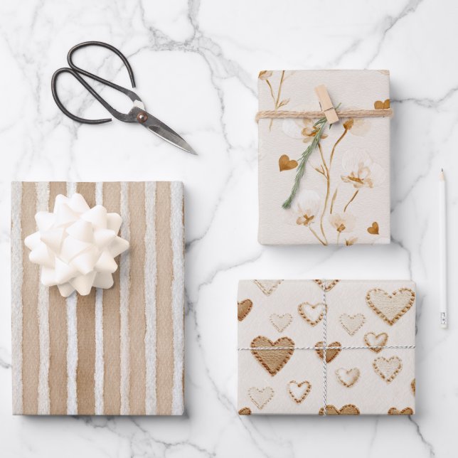 Rustic Cream Brown Hearts Stripes Birthday Wrapping Paper Sheets (Front)