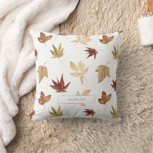 Rustic Cream & Brown Leaves Autumn Fall Decor Name Throw Pillow