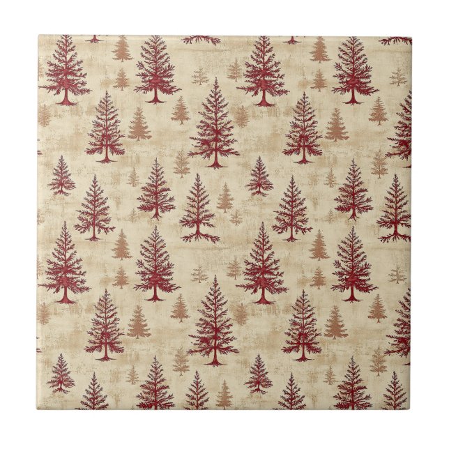 Rustic Cream Burgundy Winter Pine Forest Pattern Ceramic Tile (Front)