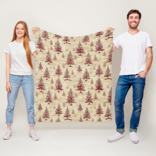 Rustic Cream Burgundy Winter Pine Forest Pattern Fleece Blanket