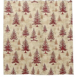 Rustic Cream Burgundy Winter Pine Forest Pattern Shower Curtain