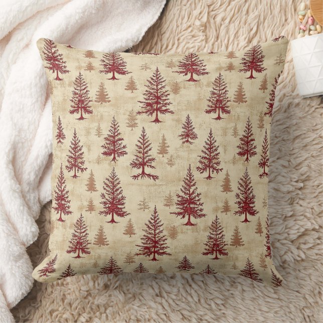 Rustic Cream Burgundy Winter Pine Forest Pattern Throw Pillow (Blanket)