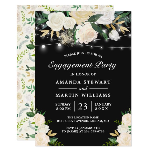 Rustic Cream Floral String Lights Engagement Party Invitation