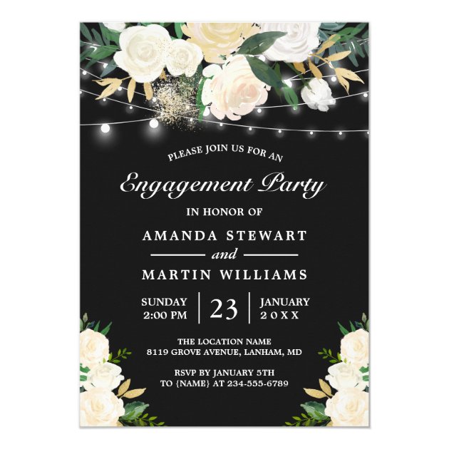 Rustic Cream Floral String Lights Engagement Party Invitation