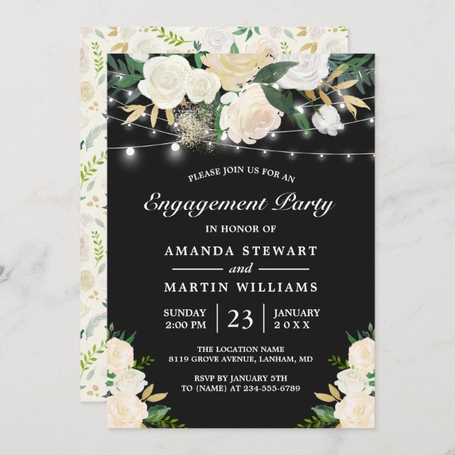 Rustic Cream Floral String Lights Engagement Party Invitation (Front/Back)