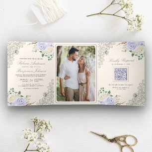 Rustic Cream Lavender Purple Floral Lace Wedding Tri-Fold Invitation
