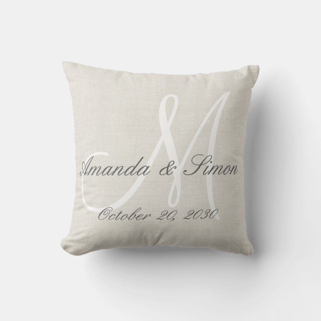 Rustic Cream Linen Look White Monogram Wedding Throw Pillow (Front)