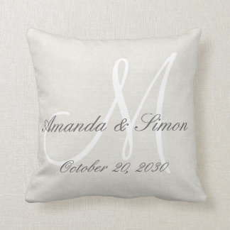 Rustic Cream Linen Look White Monogram Wedding Throw Pillow