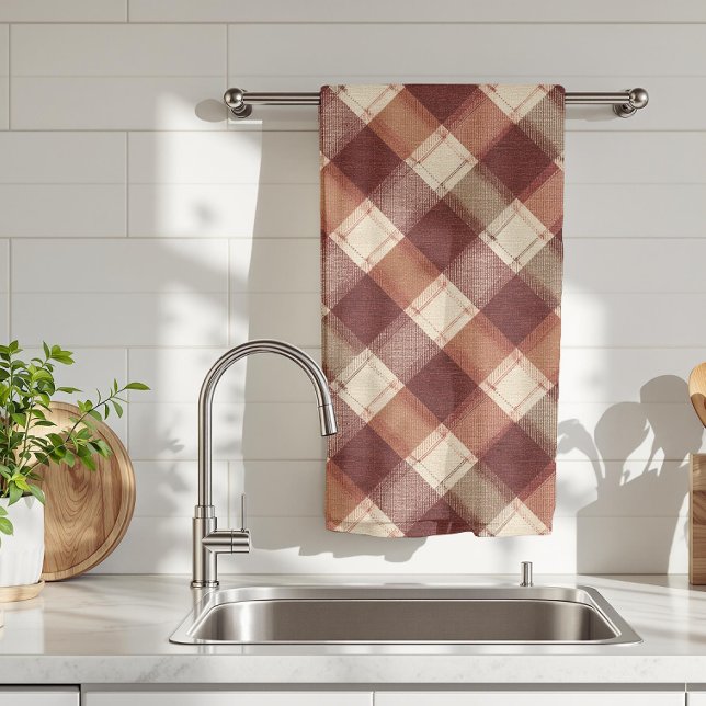 Rustic Cream Orange Rust Red Plaid Pattern Kitchen Towel (Creator Uploaded)