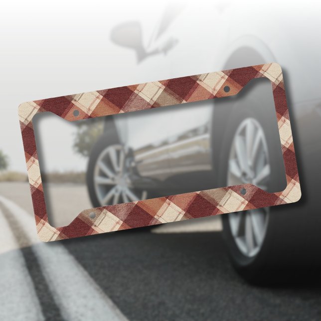 Rustic Cream Orange Rust Red Plaid Pattern License Plate Frame (Creator Uploaded)