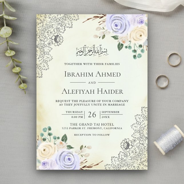 Rustic Cream Purple Floral Lace Muslim Wedding Invitation (Creator Uploaded)