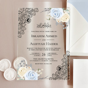 Rustic Cream Soft Blue Floral Lace Muslim Wedding Acrylic Invitations