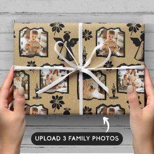 Rustic Cream Stamped Angel 3 Family Photo Wrapping Paper