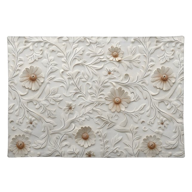 Rustic cream tooled leather floral cloth placemat (Front)