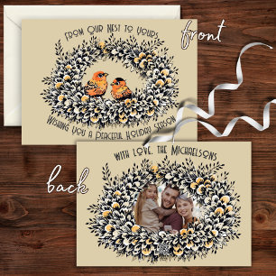 Rustic Cream Vintage Style Bird Nest Family Photo Holiday Card