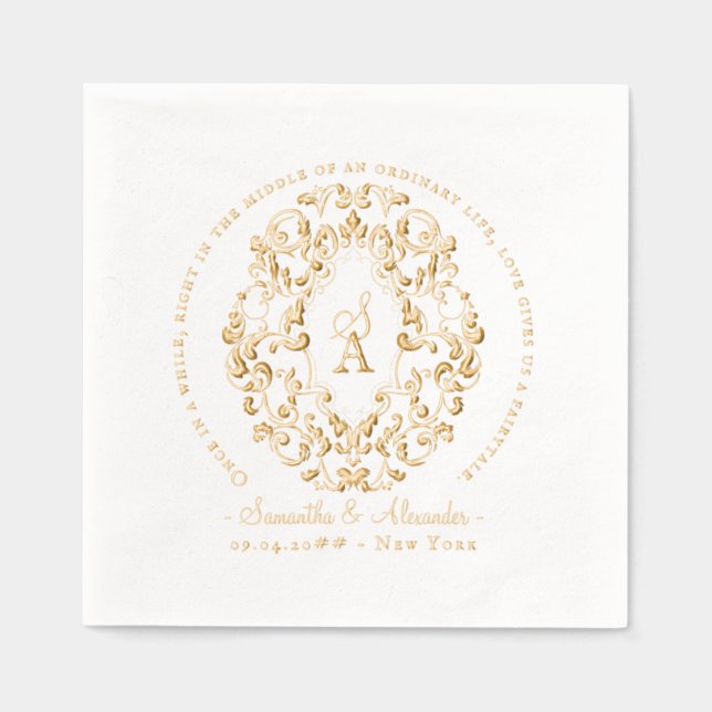 Rustic Crest Ivory Black Old Print Gothic Wedding Foil Napkins (Front)