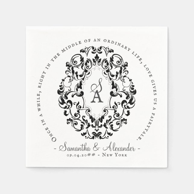 Rustic Crest Ivory Black Old Print Gothic Wedding Napkins (Front)