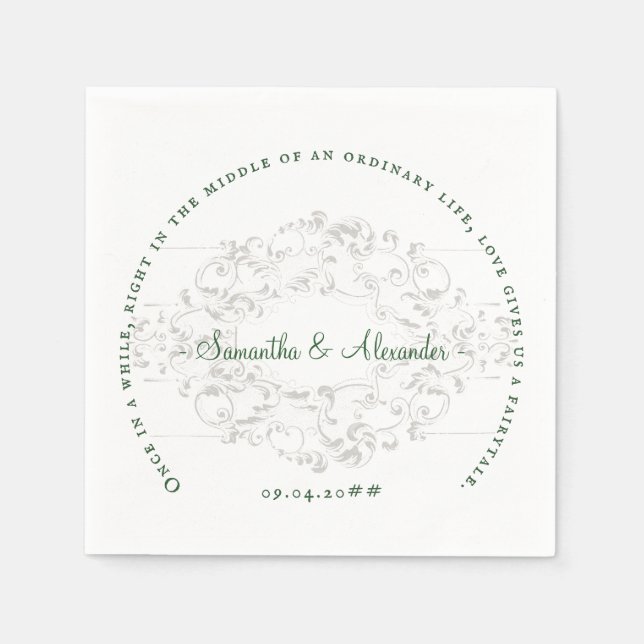 Rustic Crest Ivory Emerald Green Gothic Wedding Napkins (Front)