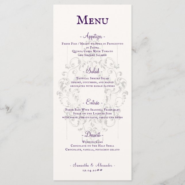 Rustic Crest Ivory Purple Old Print Gothic Wedding Menu (Front)