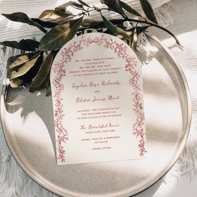 Rustic Crimson Vintage Floral Arch Wedding Invitation (Creator Uploaded)