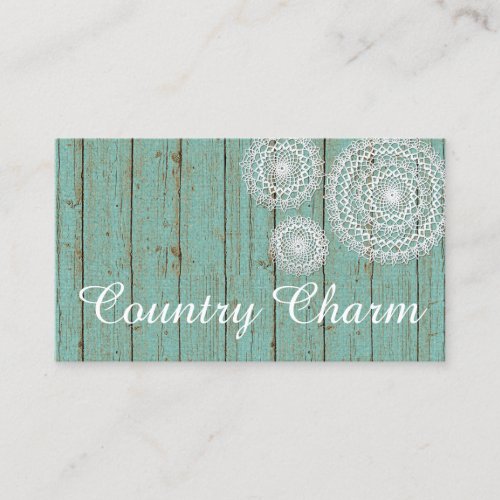 Rustic Crochet Doilies on Turquoise Farmhouse Wood Business Card