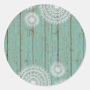 Rustic Crochet Doilies on Turquoise Farmhouse Wood Classic Round Sticker