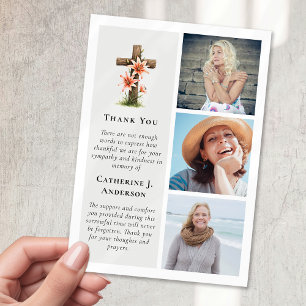 Rustic Cross Lillies 3 Photo Sympathy Funeral Thank You Card