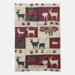 Rustic Cross-Stitch Patchwork   Folk Holiday Motif Kitchen Towel