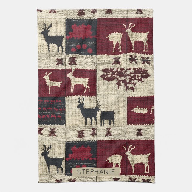 Rustic Cross-Stitch Patchwork | Folk Holiday Motif Kitchen Towel (Vertical)