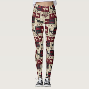 Rustic Cross-Stitch Patchwork Folk Holiday Motif Leggings