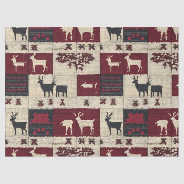 Rustic Cross-Stitch Patchwork | Folk Holiday Motif Tissue Paper (Front)