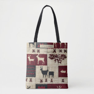 Rustic Cross-Stitch Patchwork Folk Holiday Motif Tote Bag