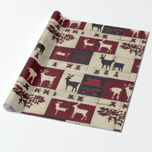 Rustic Cross-Stitch Patchwork | Folk Holiday Motif Wrapping Paper (Unrolled)