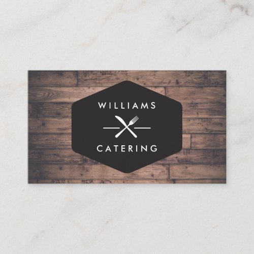 Rustic Crossed Fork Knife Logo Distressed Wood I Business Card