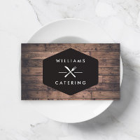 Rustic Crossed Fork Knife Logo Distressed Wood I Business Card