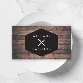 Rustic Crossed Fork Knife Logo Distressed Wood I Business Card by 1201am at Zazzle